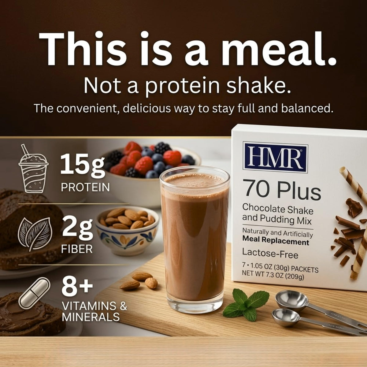 HMR 70 Plus chocolate shake pudding cup ready to enjoy.