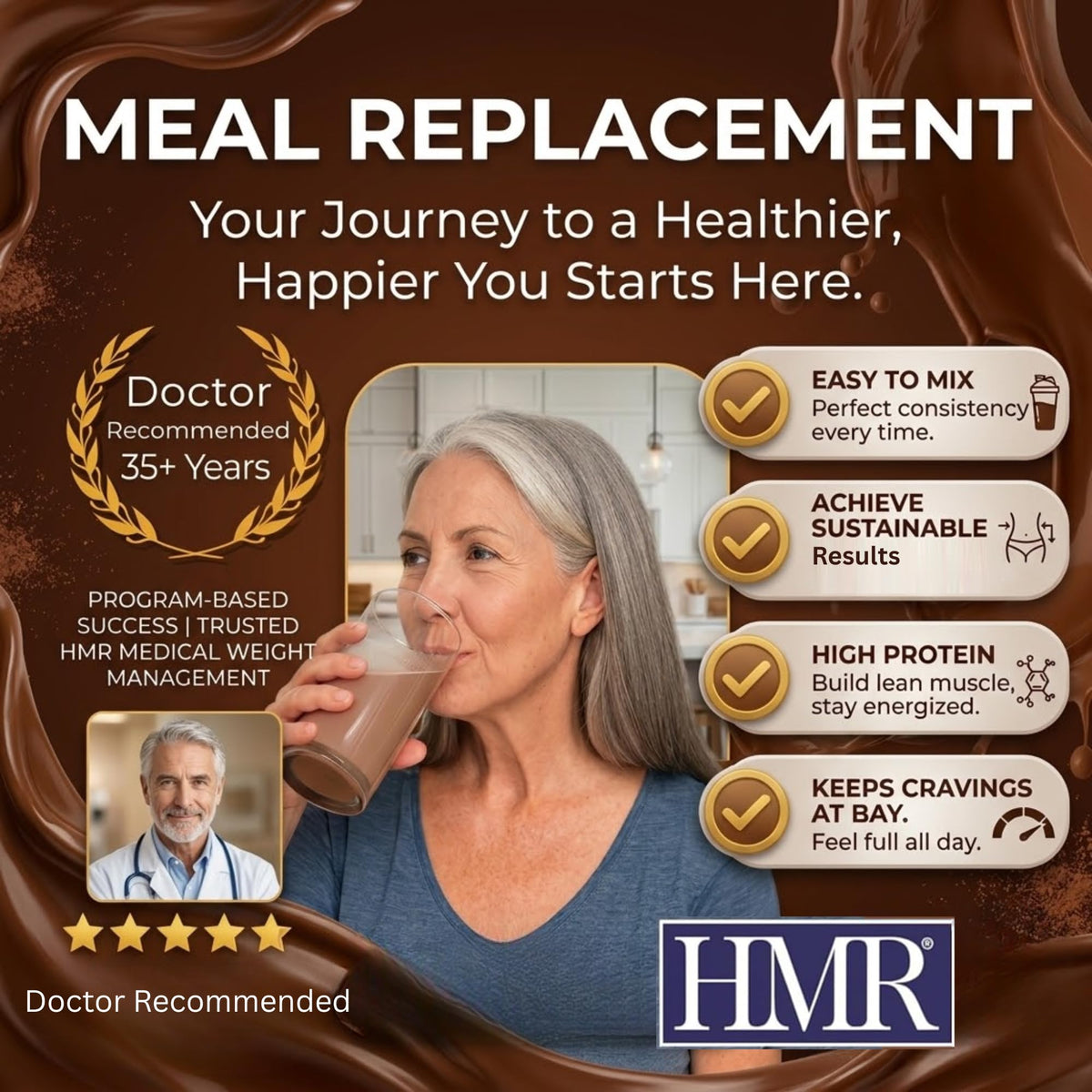 HMR 70 Plus chocolate shake blended with fruit for flavor boost.