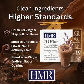 Prepared HMR 70 Plus chocolate shake in a glass, satisfying snack.