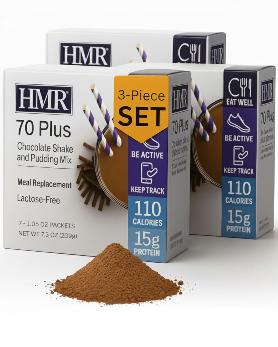 HMR 70 Plus chocolate shake packaging highlights lactose-free formula.