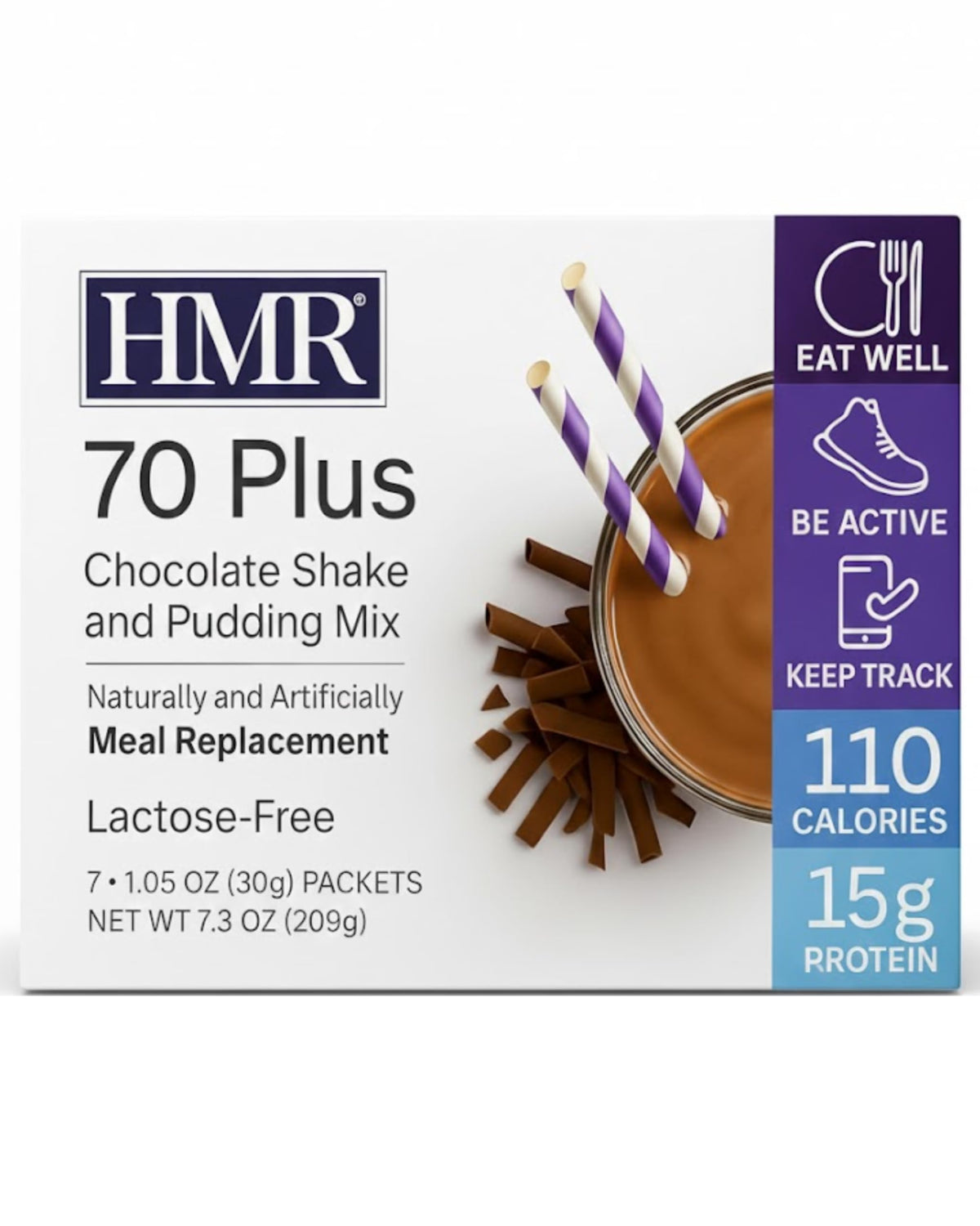 HMR 70 Plus Shake bottle pour illustrates quick, lactose-free meal replacement.