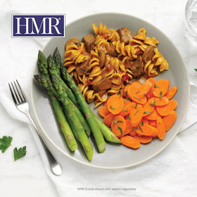 Plated serving of HMR Stroganoff with noodles with creamy sauce