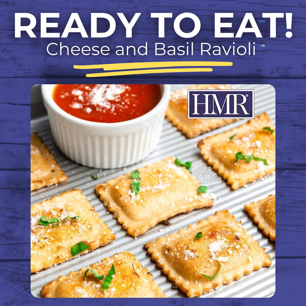 HMR Ravioli ingredients with basil and cheese for a savory bite.