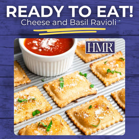 HMR Ravioli ingredients with basil and cheese for a savory bite.