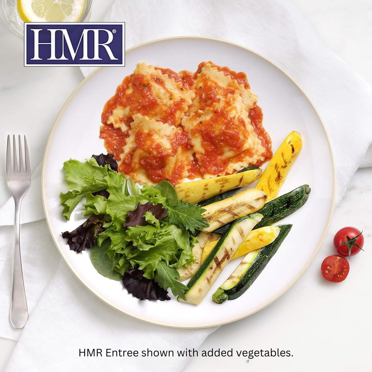 HMR Cheese and Basil Ravioli packaging showing shelf-stable convenience.