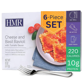 HMR Cheese and Basil Ravioli on a plate, ready-to-eat lunch option.