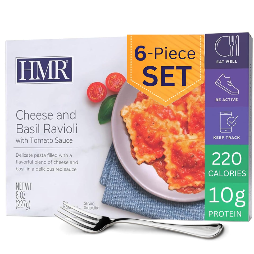 HMR Cheese and Basil Ravioli on a plate, ready-to-eat lunch option.