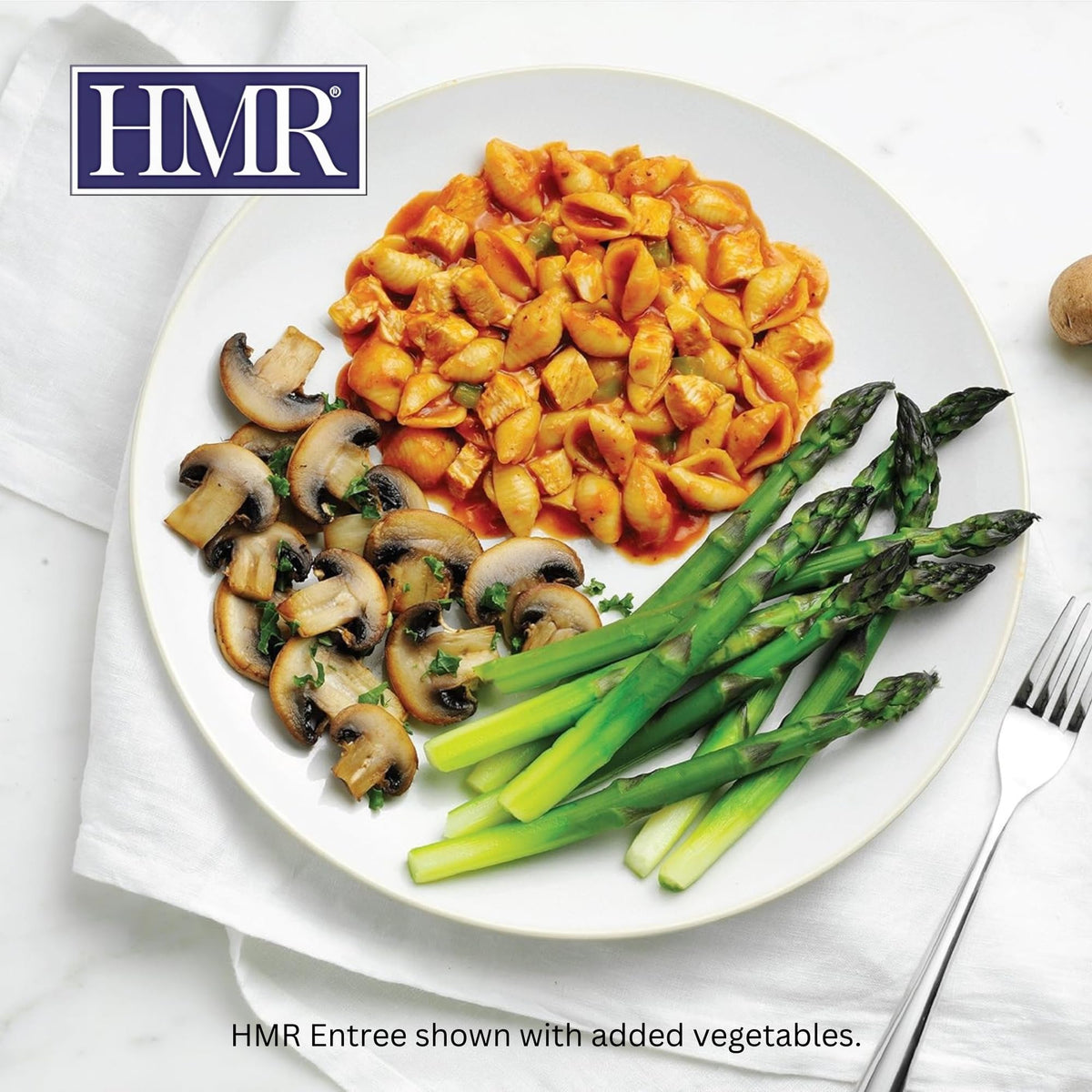 HMR Chicken Pasta Parmesan entrée 8oz portion showing protein for satiety