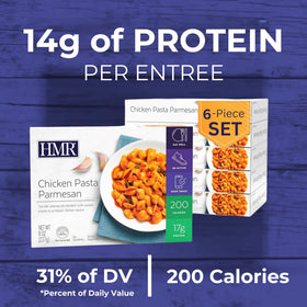 HMR Chicken Pasta Parmesan plate ready to serve, protein-packed dinner option