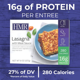 HMR lasagna is microwave-ready for quick meals at home or office.