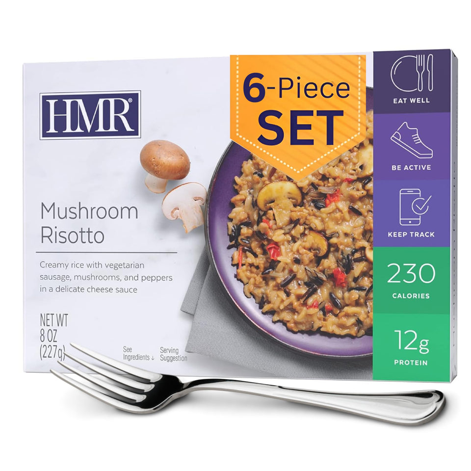 HMR Mushroom Risotto Entree box front showing convenient, shelf-stable packaging