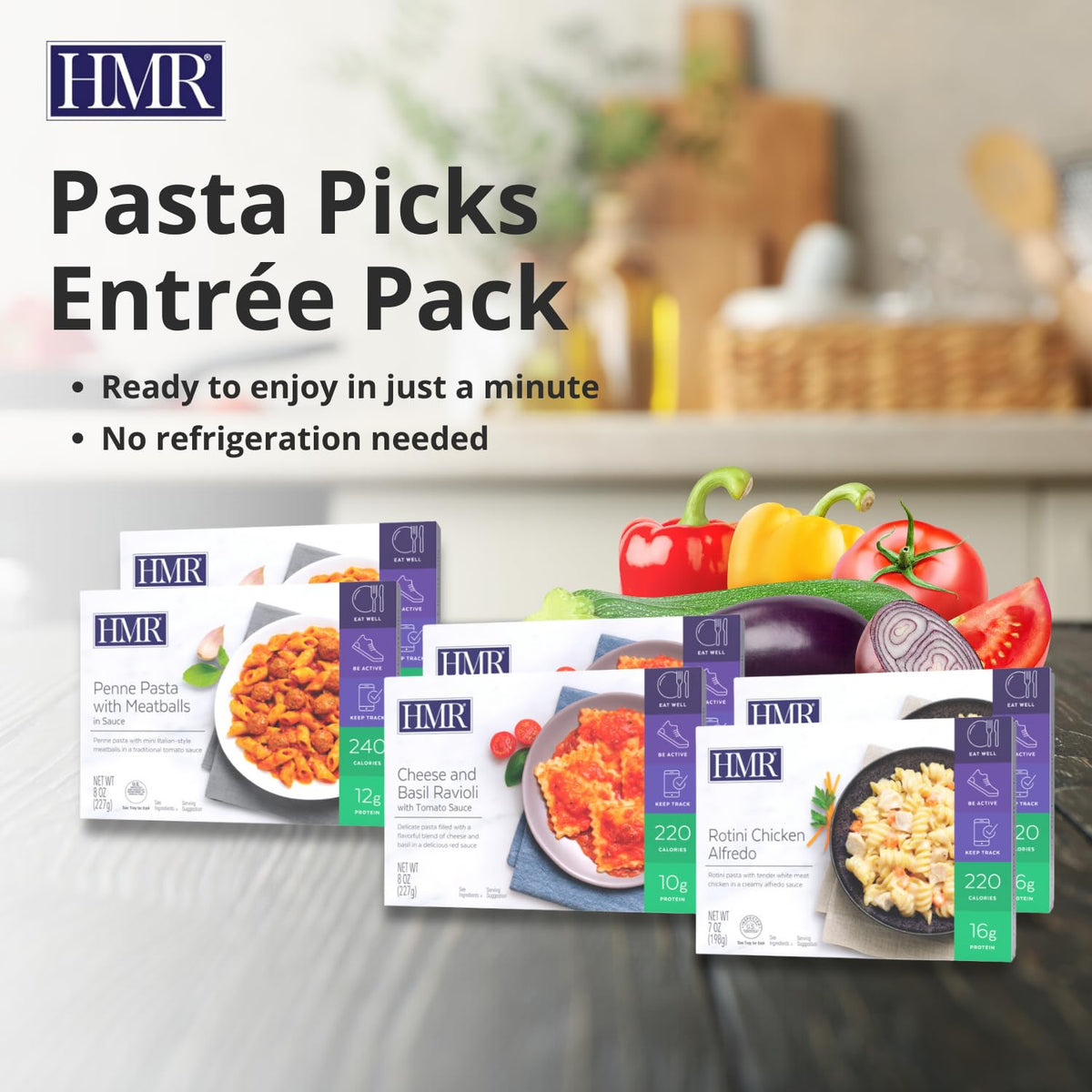 HMR Pasta Picks cheese and basil ravioli—savory, portion-controlled comfort in minutes.