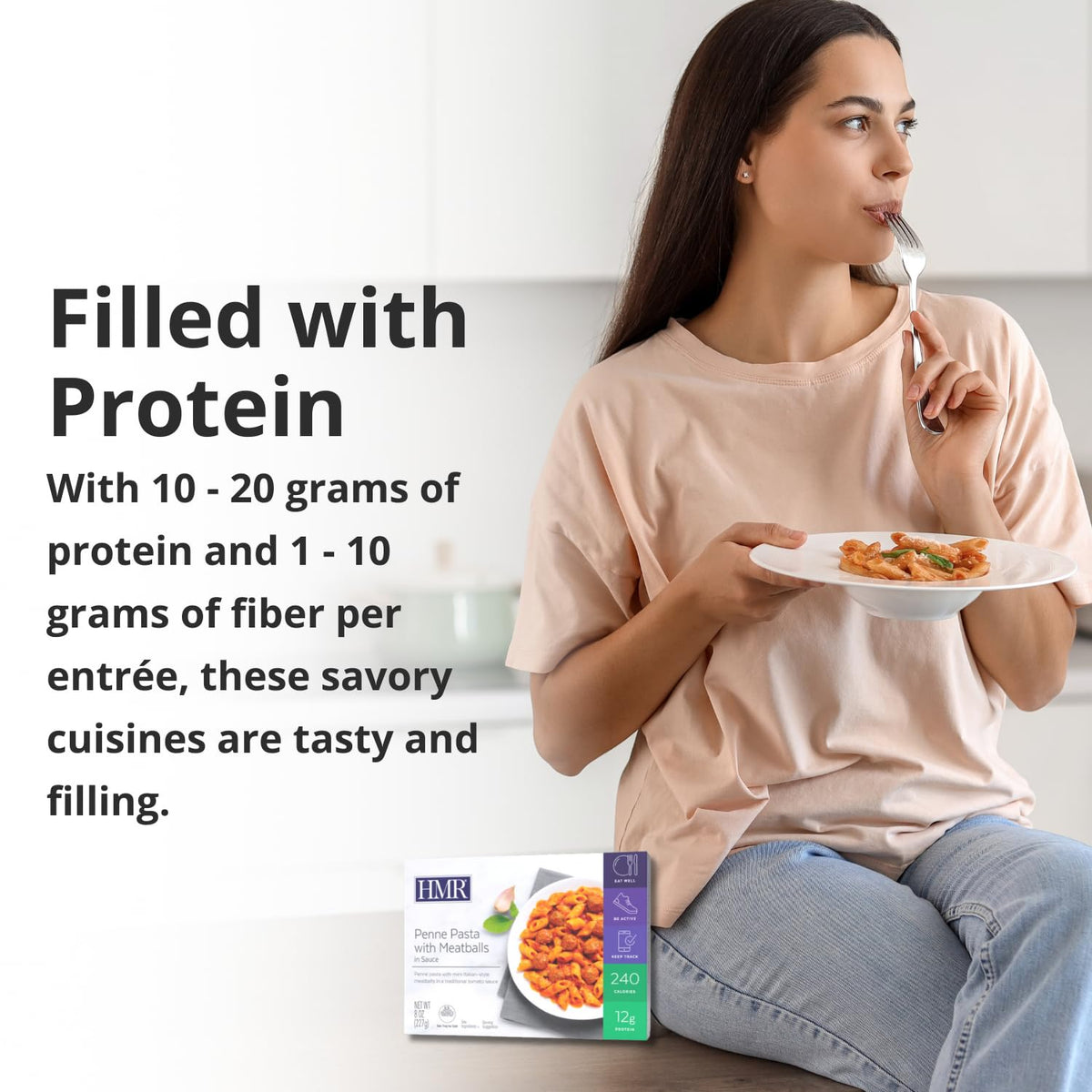 HMR Pasta Picks entree container close-up highlighting protein per serving.