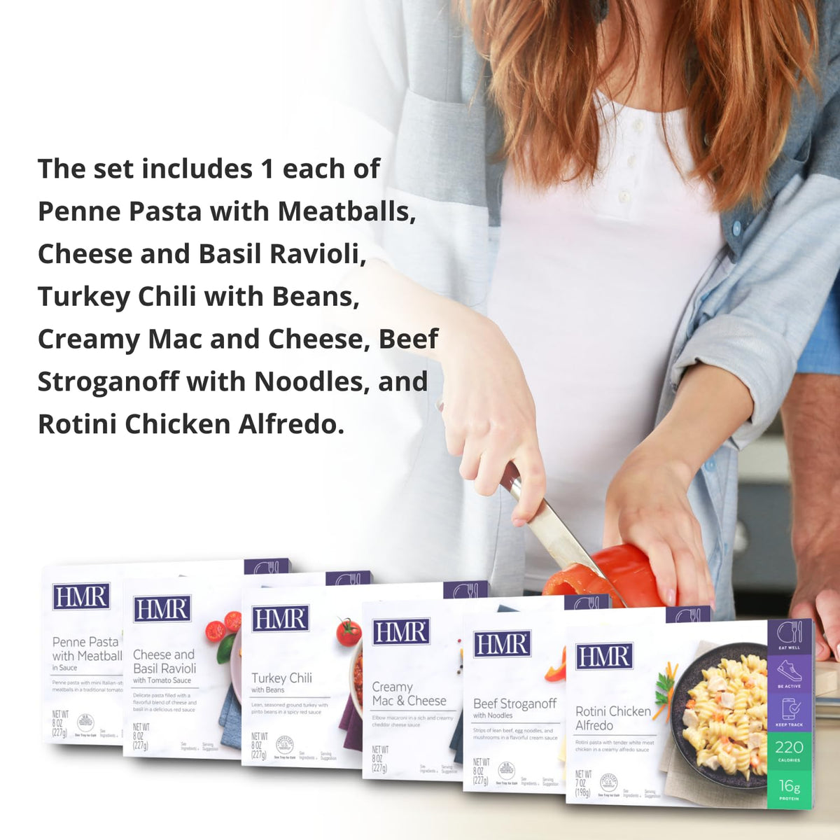 HMR Pasta Picks packaging emphasizes weight-conscious meal options.