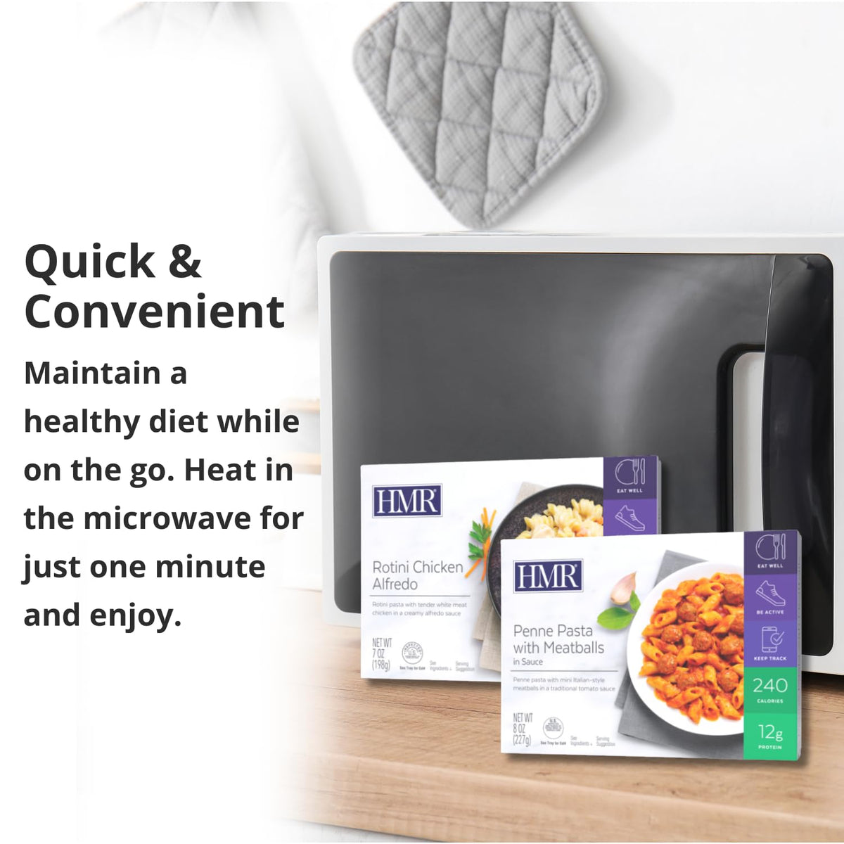 HMR Pasta Picks packaging—shelf-stable entrées for home, work, or travel.