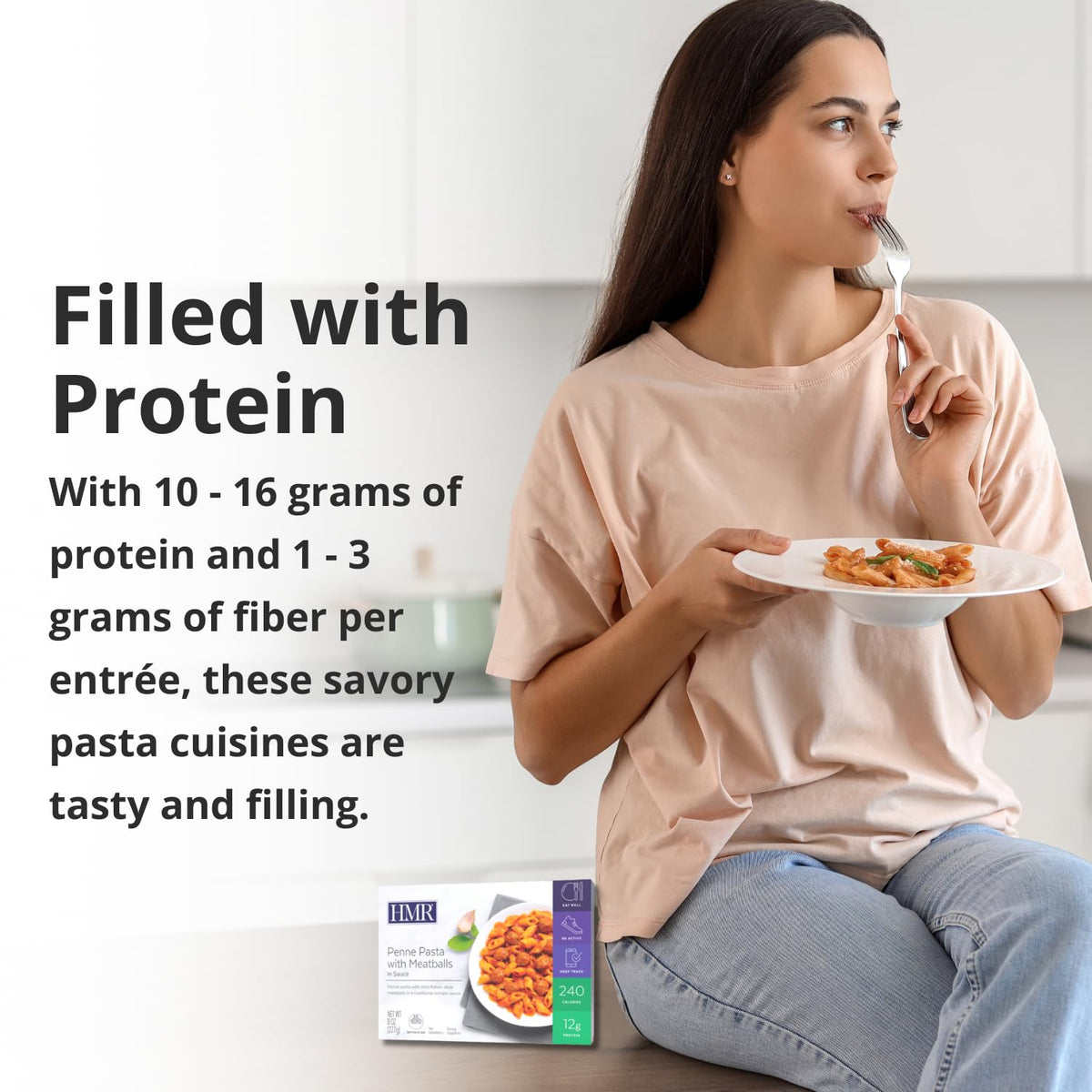 HMR Pasta Picks rotini chicken alfredo—protein-rich option for a balanced meal.