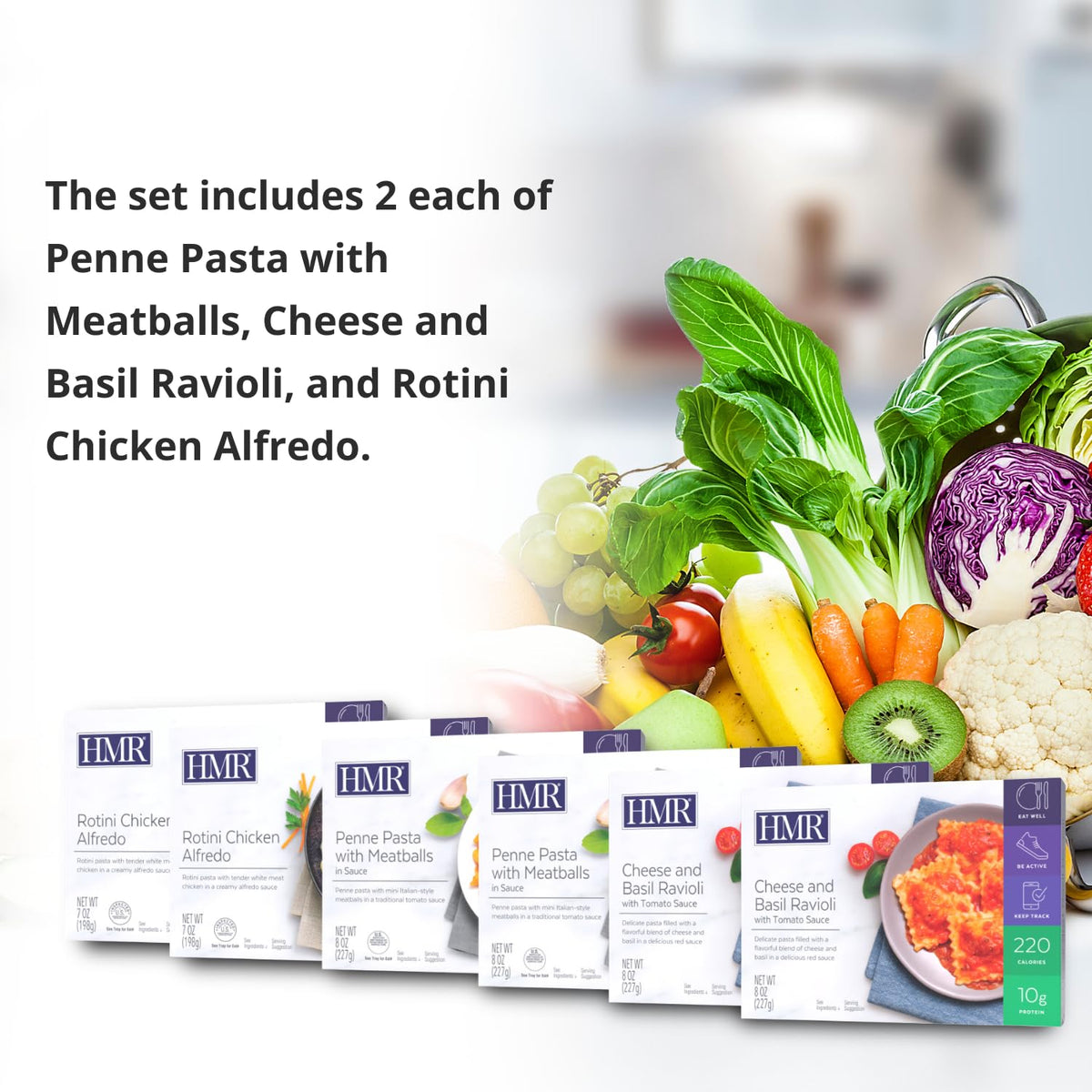 HMR Pasta Picks with vegetables suggestion—pair with greens for a colorful, balanced dinner.