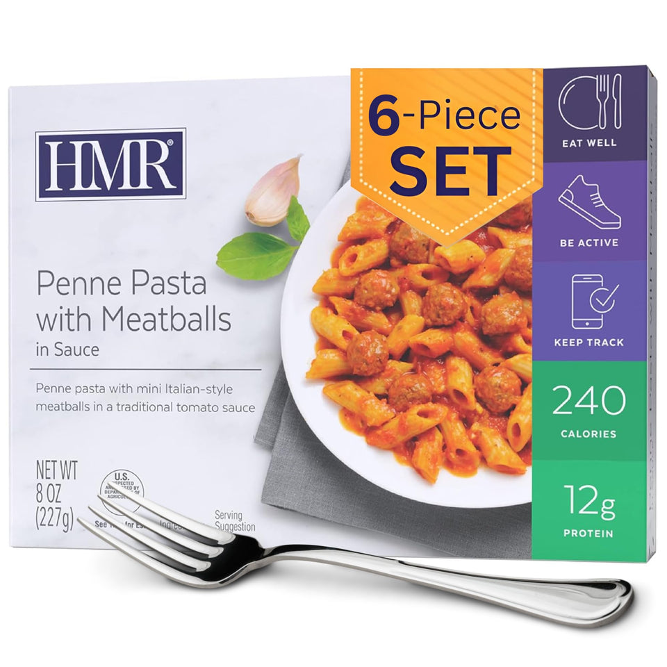 HMR Penne Pasta with Meatballs entree front view, ready-to-heat for quick meals.