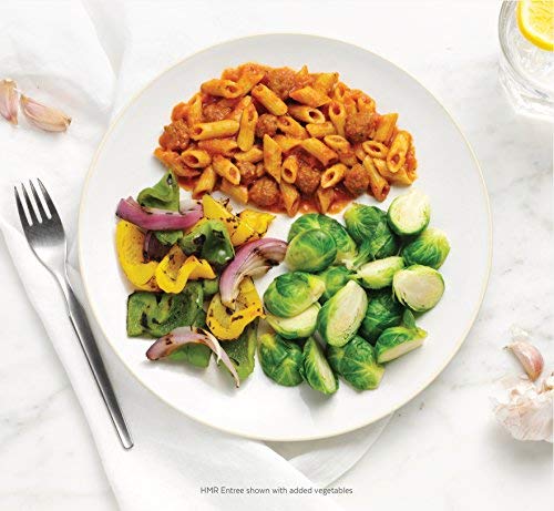 HMR Penne Pasta with Meatballs entree microwave-ready package close-up.