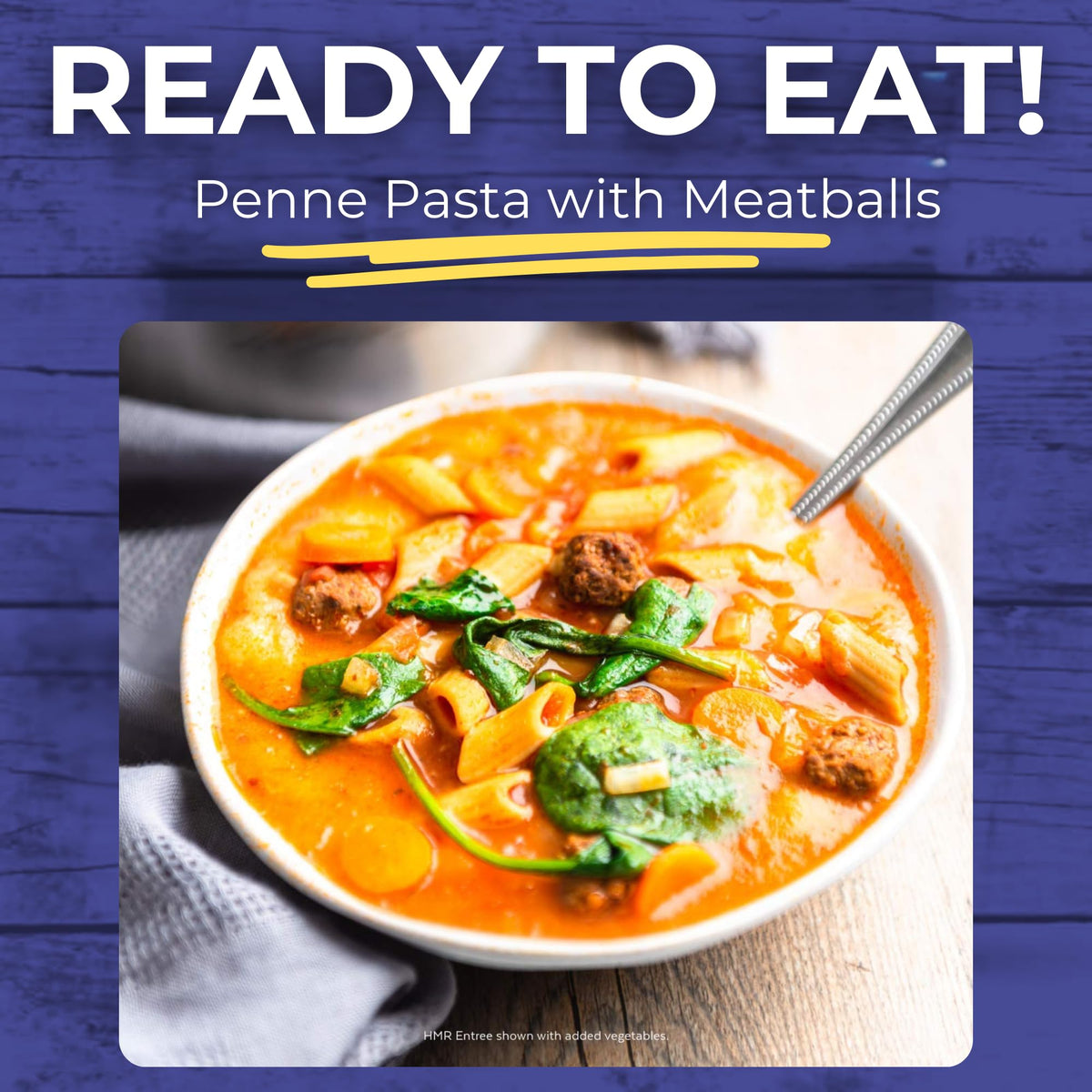 HMR Penne Pasta with Meatballs entree tomato sauce and meatballs close-up.