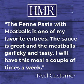 HMR Penne Pasta with Meatballs entree shelf-stable packaging for travel.