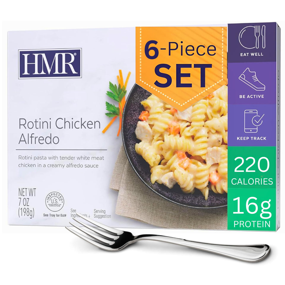 HMR rotini chicken alfredo entrée packaged for convenient shelf-stable meals.
