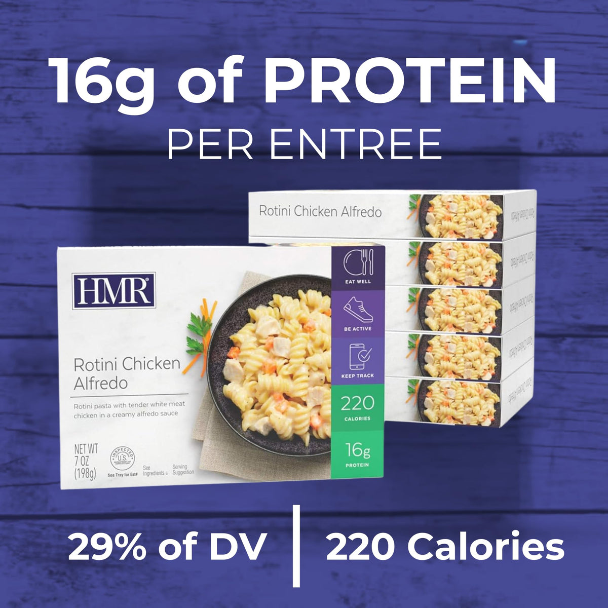 HMR Rotini Chicken Alfredo microwave-60sec shows fast heat-and-serve dinner