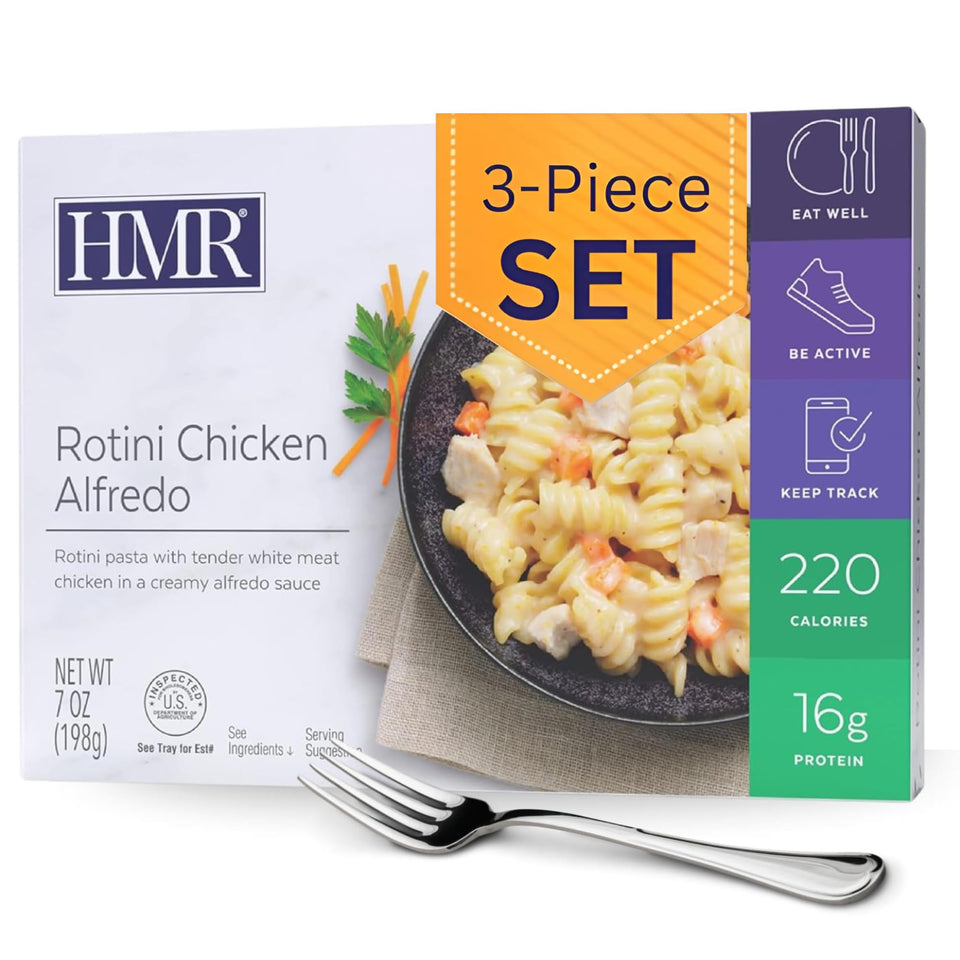 HMR Rotini Chicken Alfredo pack-shot highlighting a protein-rich ready meal