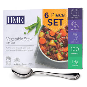 HMR Vegetable Stew with Beef plate shows hearty beef and vegetables for a low-calorie dinner.