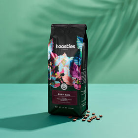 Hoasties Coffee Buff Tail bag closeup shows rich dark roast texture.