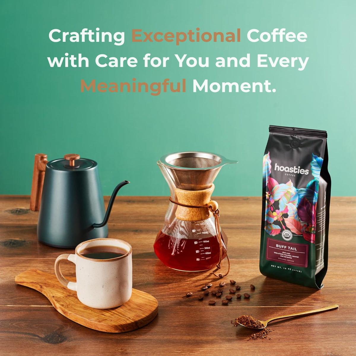 Hoasties Coffee Buff Tail from Colombia highlights sustainable, pesticide-free sourcing.