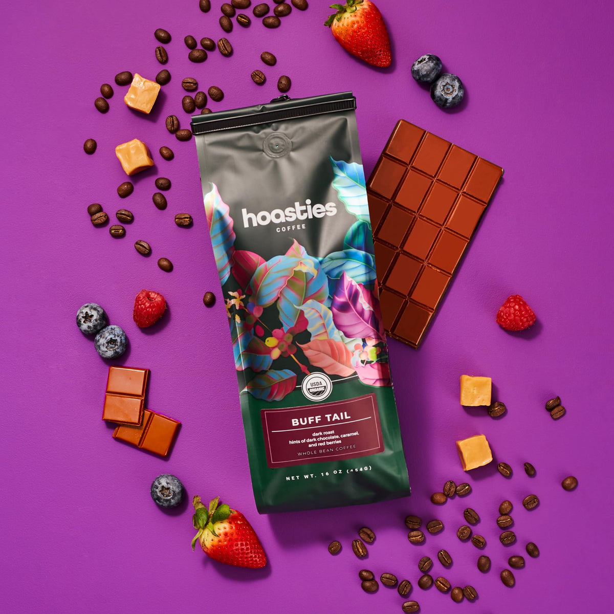 Hoasties Coffee Buff Tail dark roast arabica delivers rich chocolate notes.