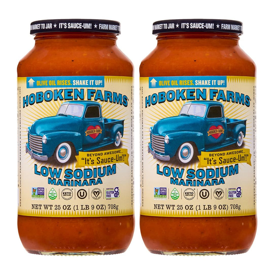 Hoboken Farms Low Sodium Marinara bottle with rich color, ideal for quick weeknight pasta