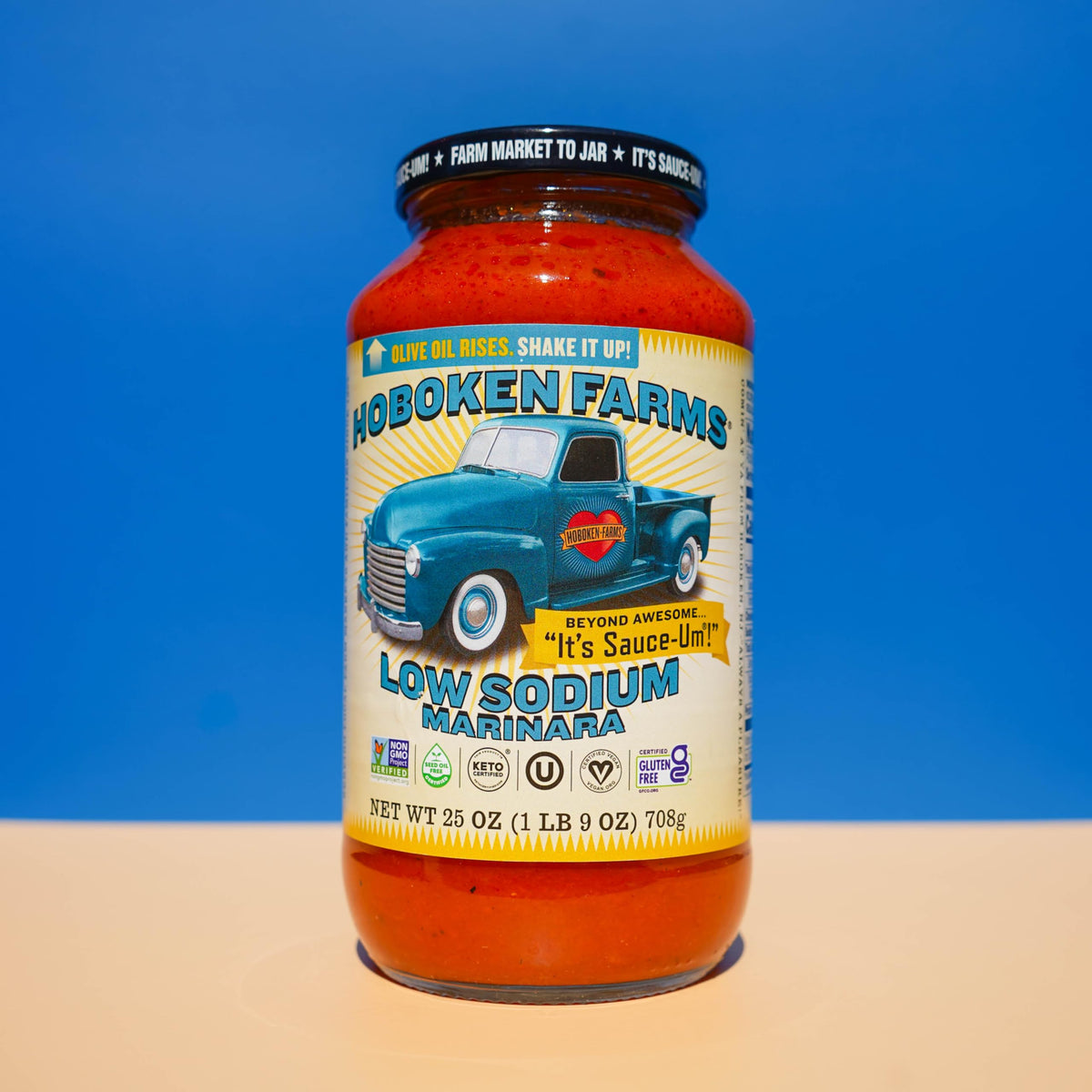 Hoboken Farms Low Sodium Marinara glass jar on shelf indicating convenient two-pack