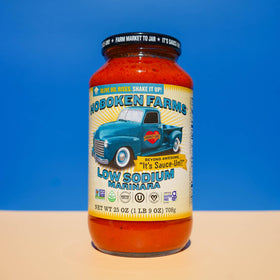 Hoboken Farms Low Sodium Marinara glass jar on shelf indicating convenient two-pack