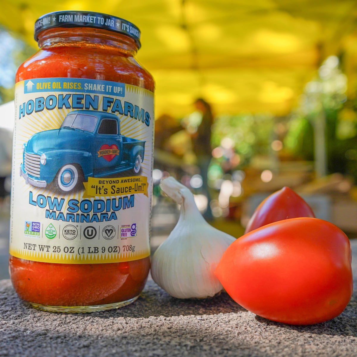 Hoboken Farms Low Sodium Marinara ingredients label highlights simple, non-GMO ingredients