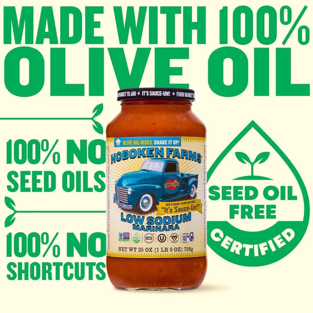 Hoboken Farms Low Sodium Marinara bottle displaying olive oil separation signaling healthy fats