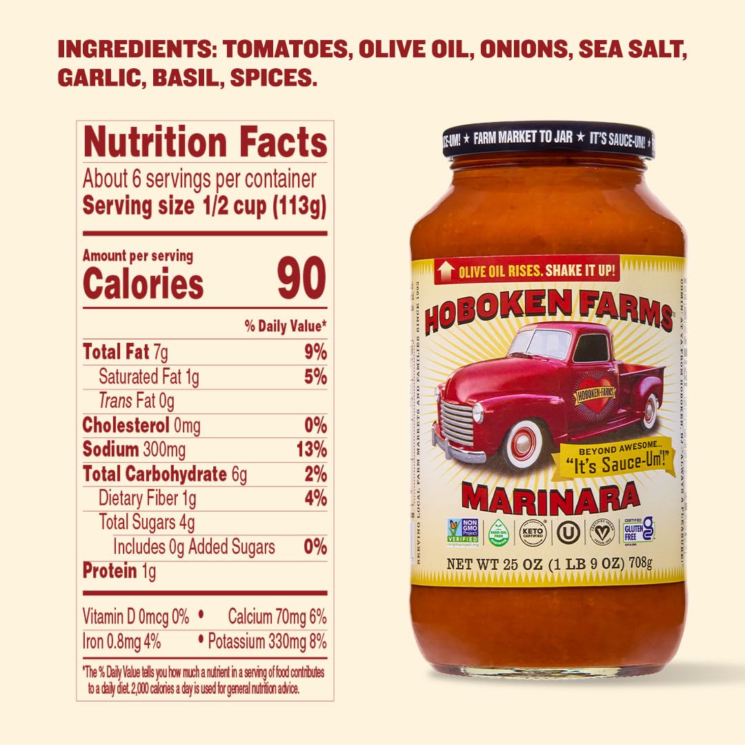Hoboken Farms Marinara sauce jar closeup highlighting gluten-free and keto-friendly attributes