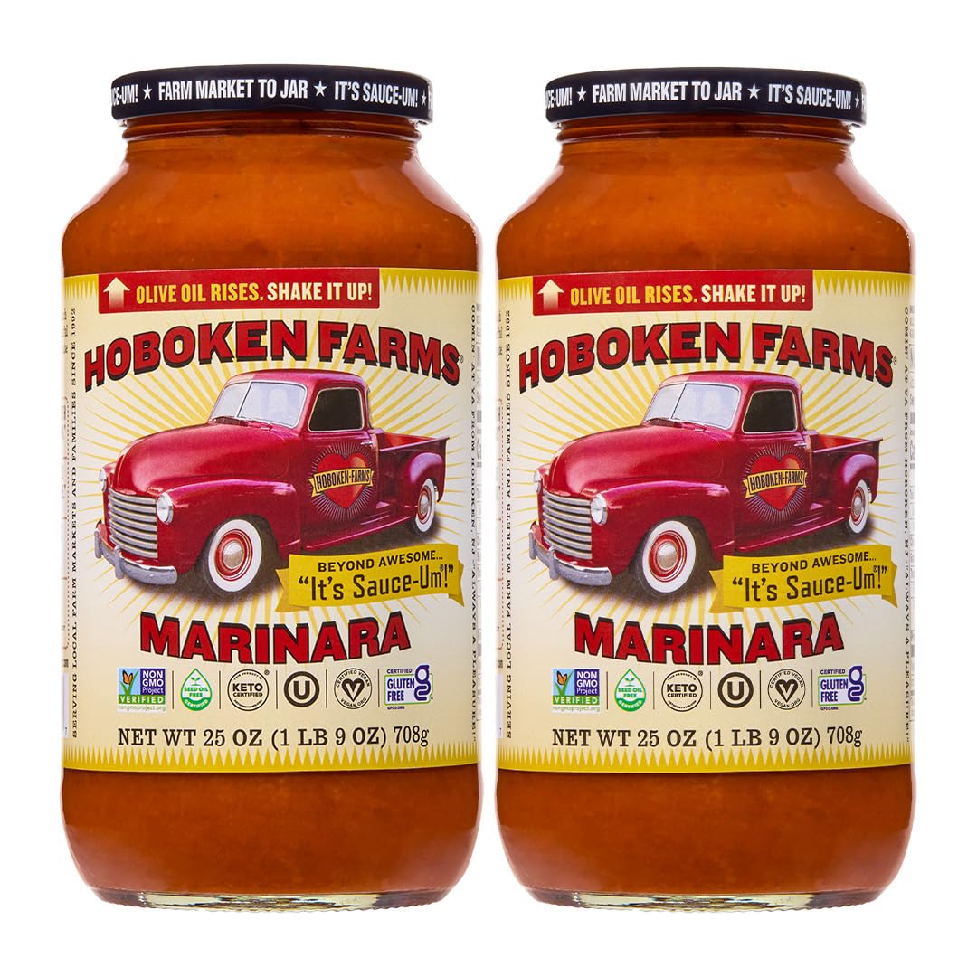 Hoboken Farms Marinara Sauce jar front shows no sugar added and vibrant basil