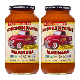 Hoboken Farms Marinara Sauce jar front shows no sugar added and vibrant basil