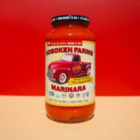Hoboken Farms marinara sauce label shows no sugar added and non-GMO verification