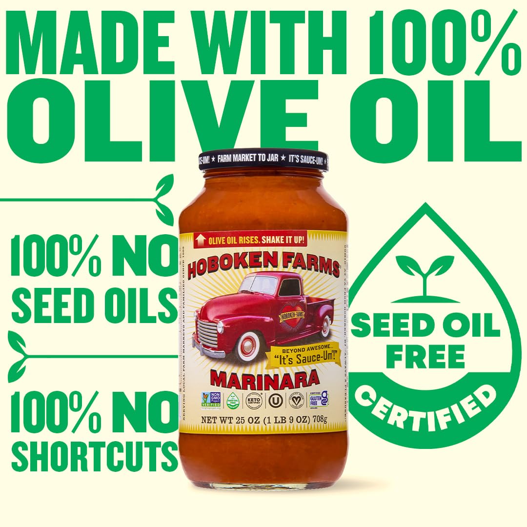 Hoboken Farms marinara sauce packaging with 25 oz jars stacked