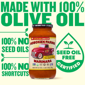 Hoboken Farms marinara sauce packaging with 25 oz jars stacked