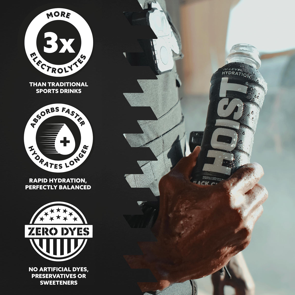 HOIST Black Cherry flavor label emphasizing delicious taste and hydration.