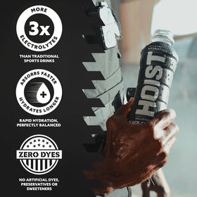 HOIST Black Cherry flavor label emphasizing delicious taste and hydration.