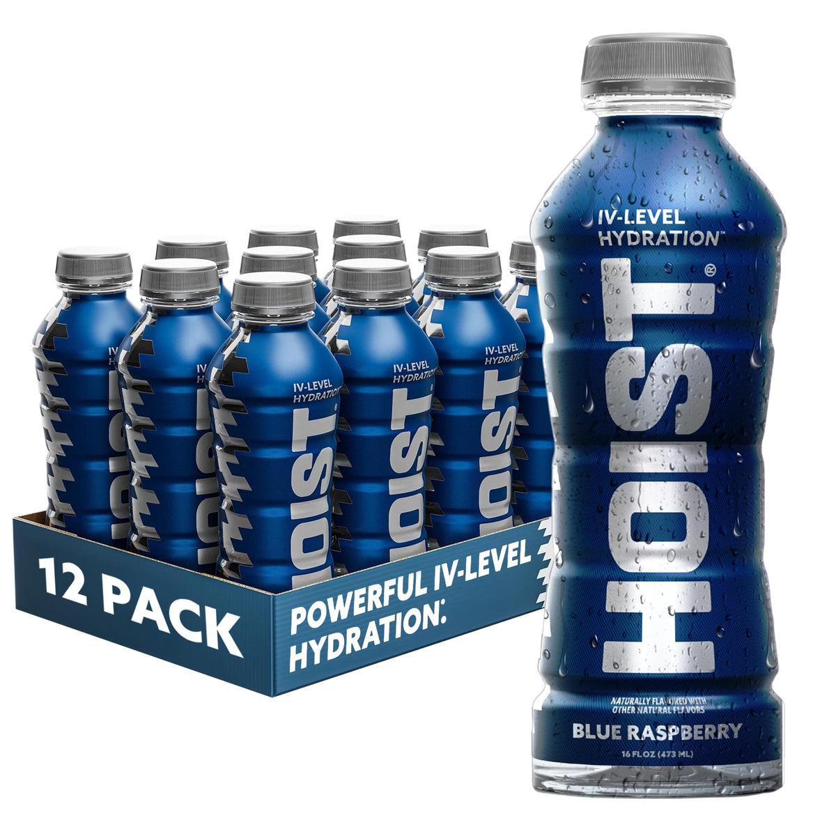 HOIST blue raspberry bottle front, isotonic hydration for workouts and recovery.