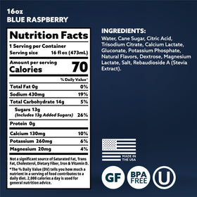 HOIST blue raspberry bottle side view, convenient 16 oz bottle for training.