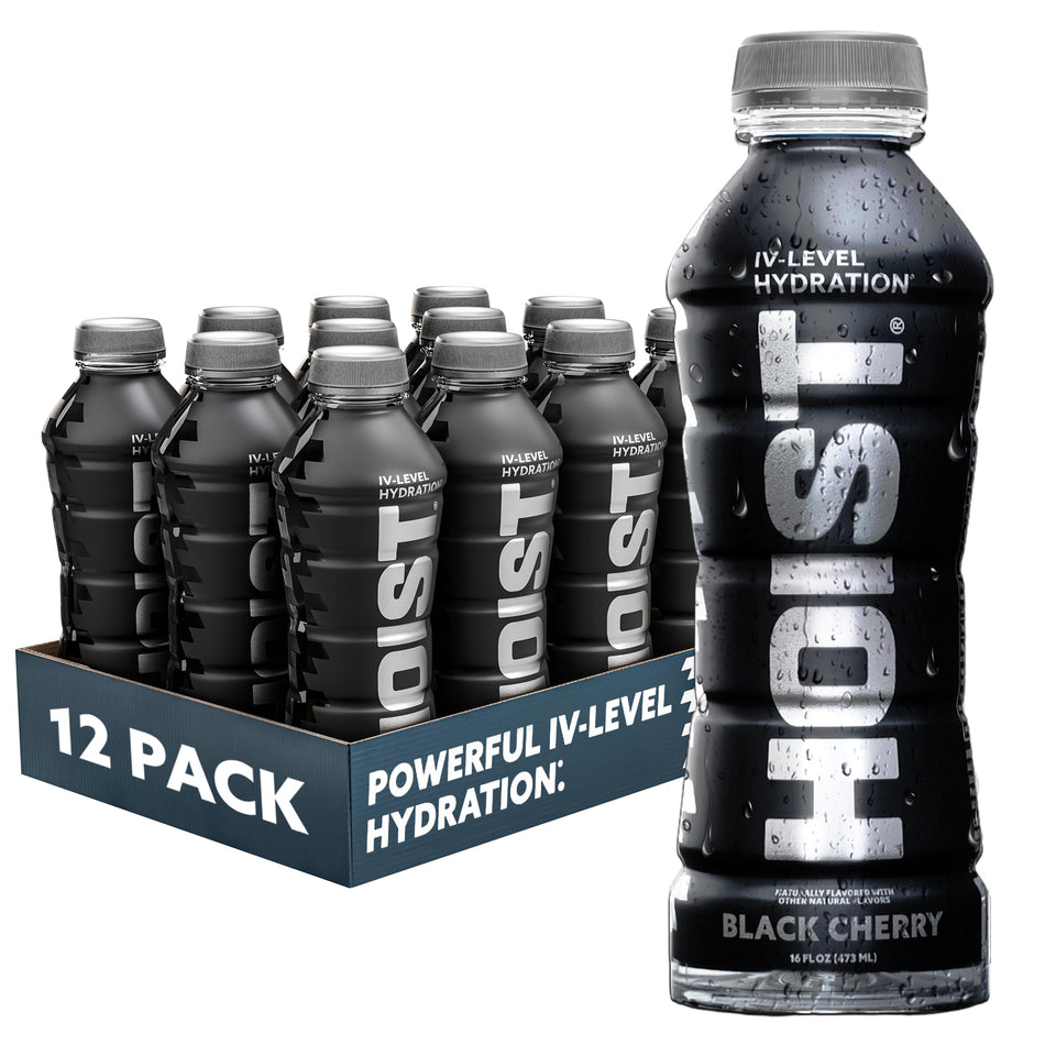 HOIST premium IV-level hydration bottle pour demonstrating rapid rehydration during workouts.
