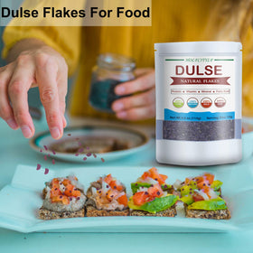 Holfcitylf dulse flakes close-up in red hues, natural umami flavor