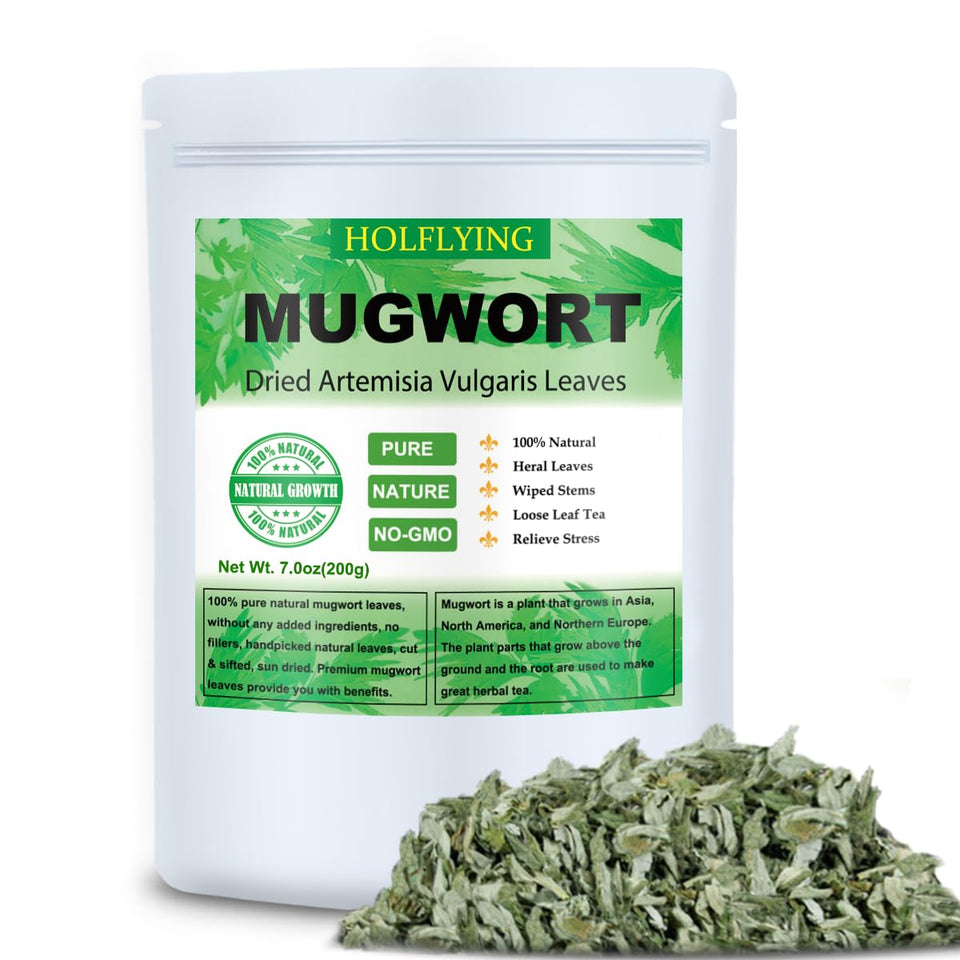 HOLFLYING mugwort leaves in a 7oz bag for aromatic herbal tea.